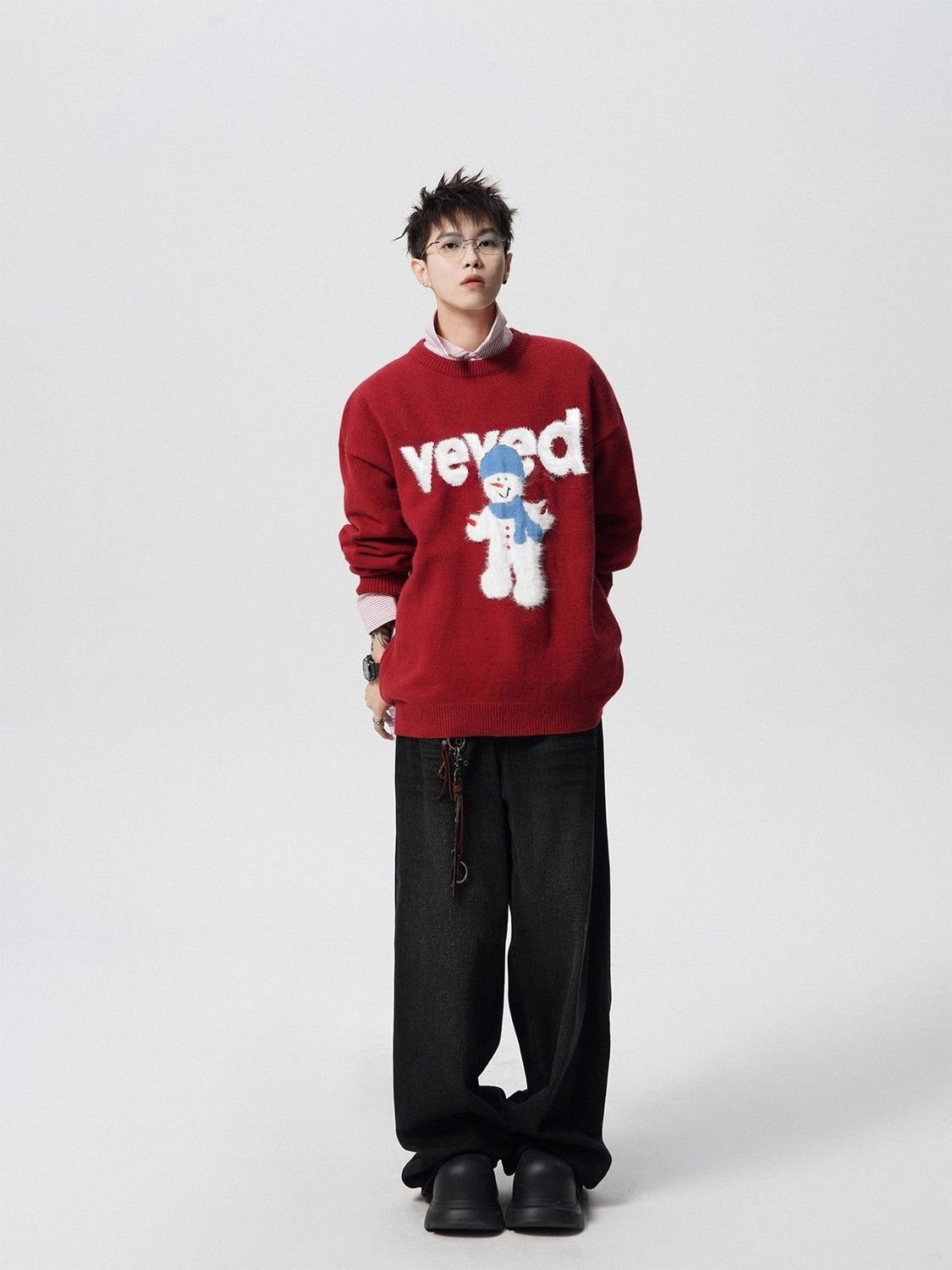 Herren Weihnachts Pullover Schneemann Rundhals Strickpullover_voghion.com