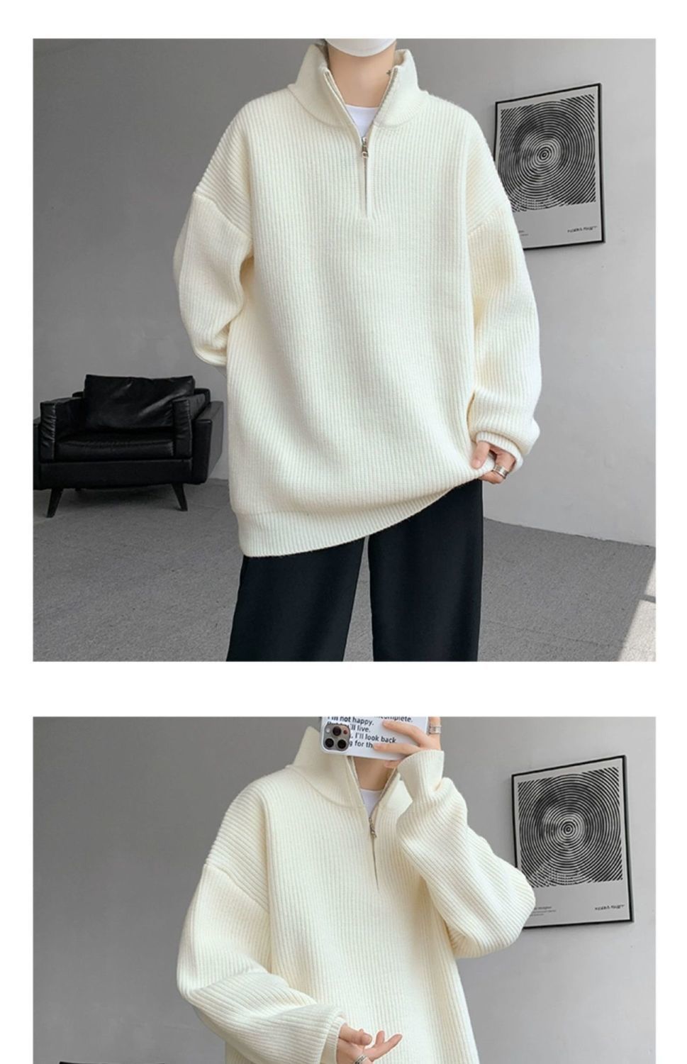 Sweater Men's Turtleneck Versatile Trendy Brand Couple Autumn And Winter Loose Lazy Knitted Sweater Zipper Thread Jacket Casual_voghion.com
