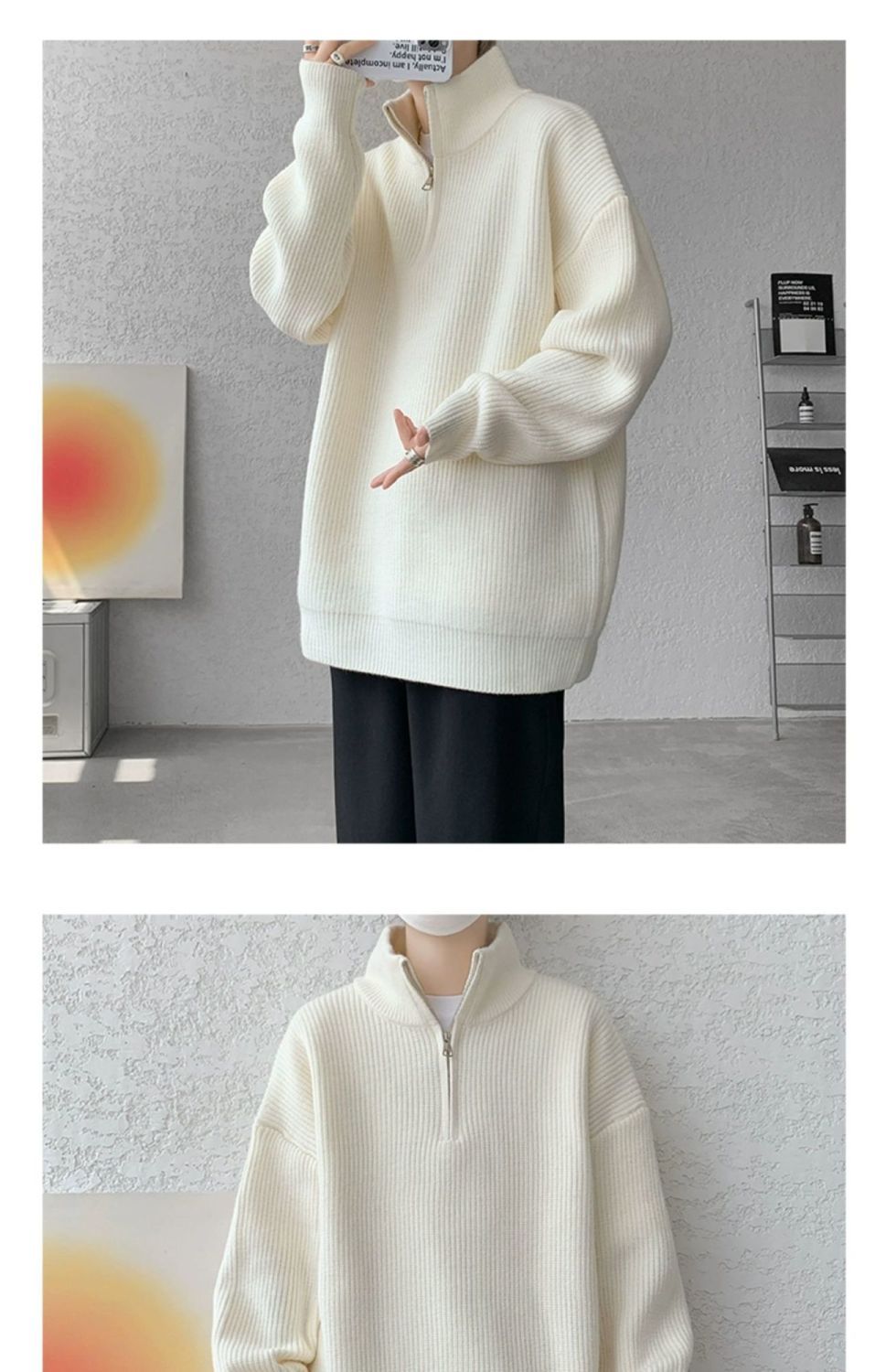 Sweater Men's Turtleneck Versatile Trendy Brand Couple Autumn And Winter Loose Lazy Knitted Sweater Zipper Thread Jacket Casual_voghion.com