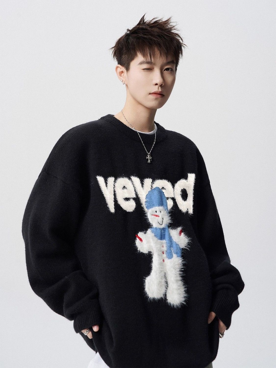 Herren Weihnachts Pullover Schneemann Rundhals Strickpullover_voghion.com