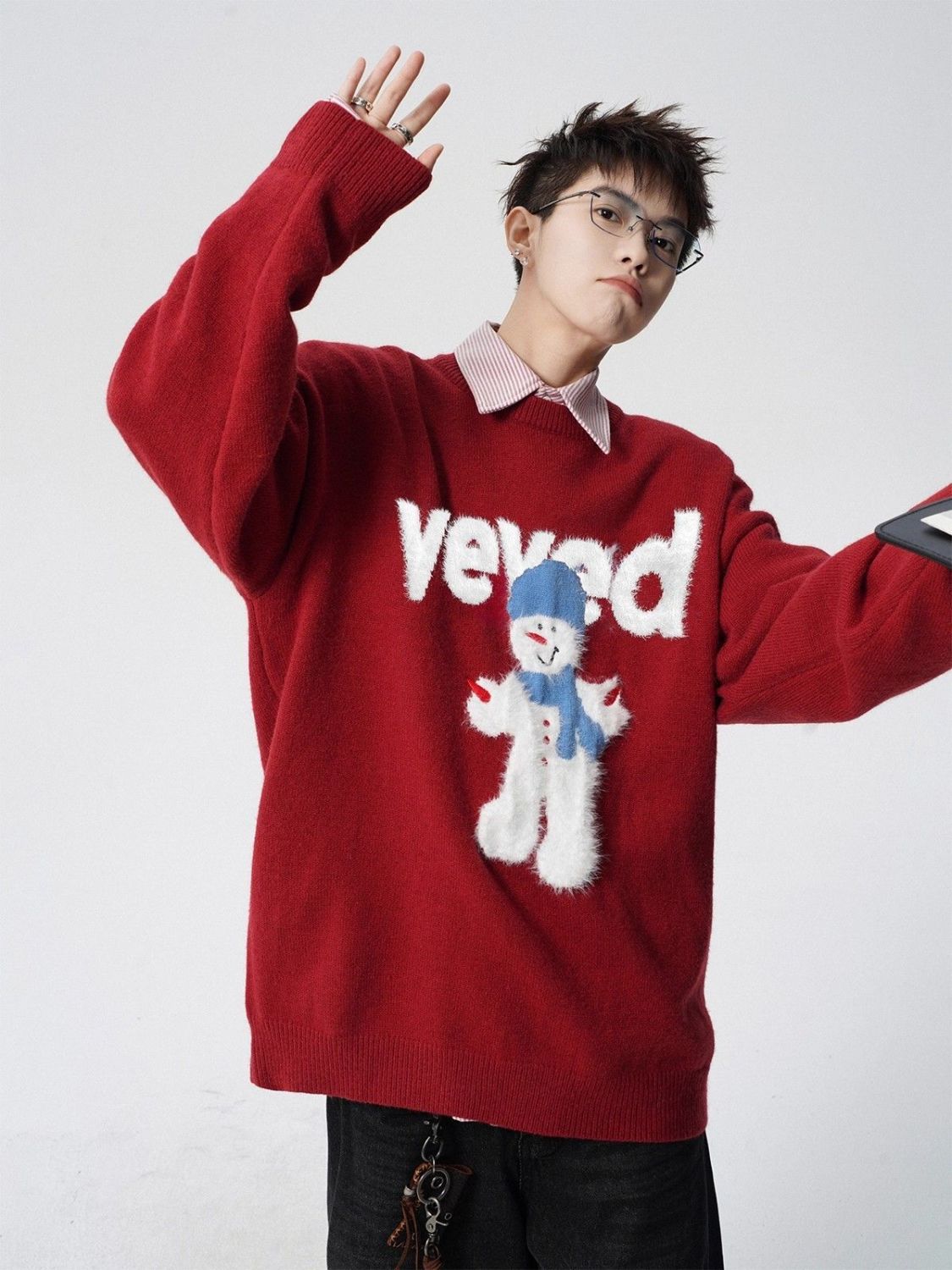 Herren Weihnachts Pullover Schneemann Rundhals Strickpullover_voghion.com