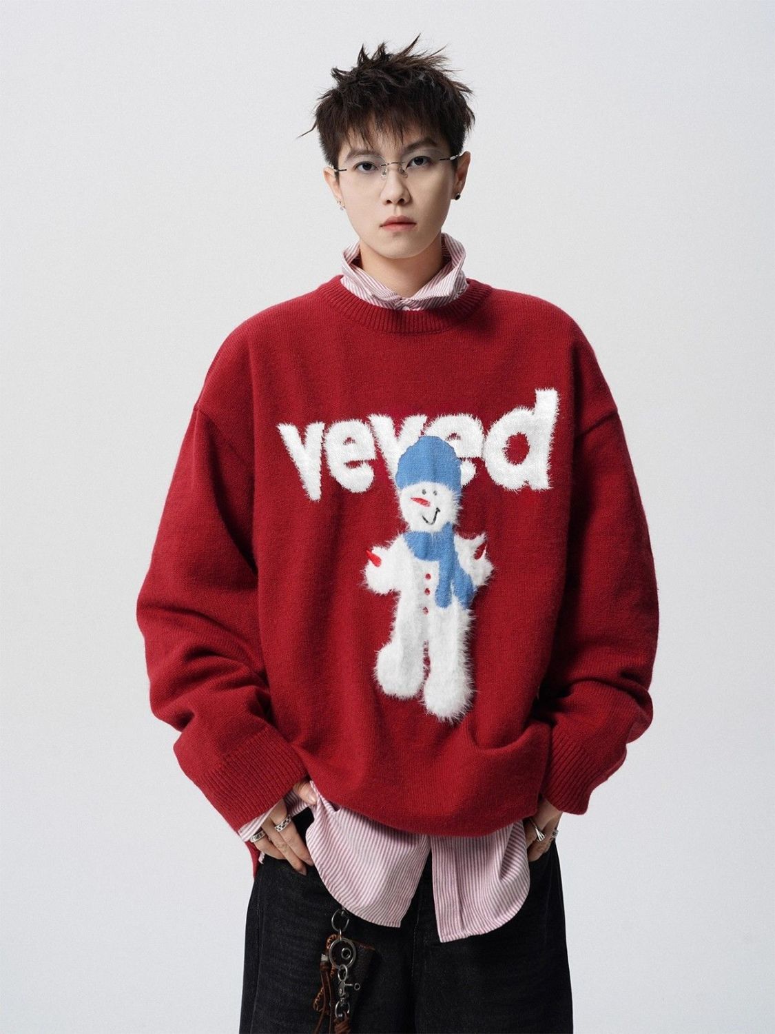 Herren Weihnachts Pullover Schneemann Rundhals Strickpullover_voghion.com