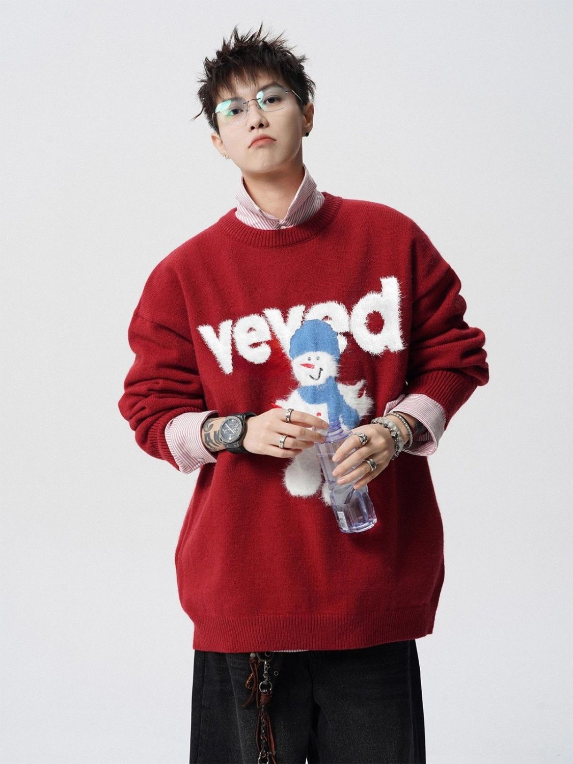 Herren Weihnachts Pullover Schneemann Rundhals Strickpullover_voghion.com