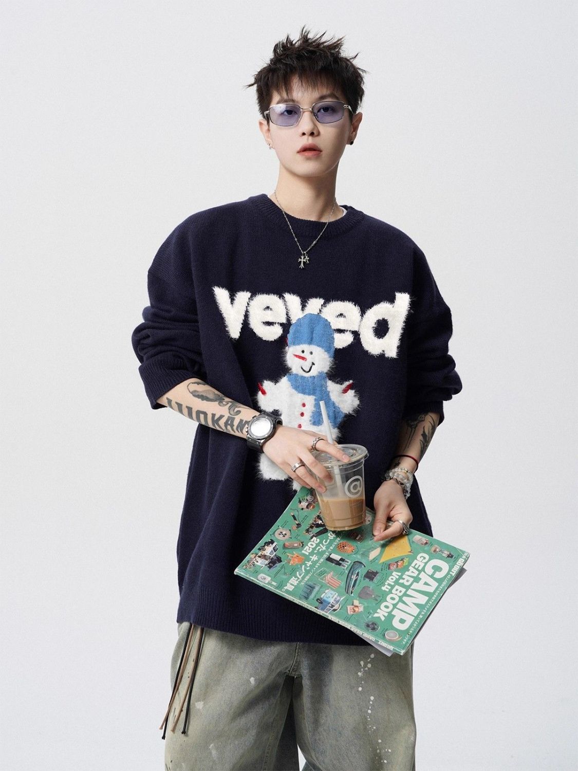 Herren Weihnachts Pullover Schneemann Rundhals Strickpullover_voghion.com