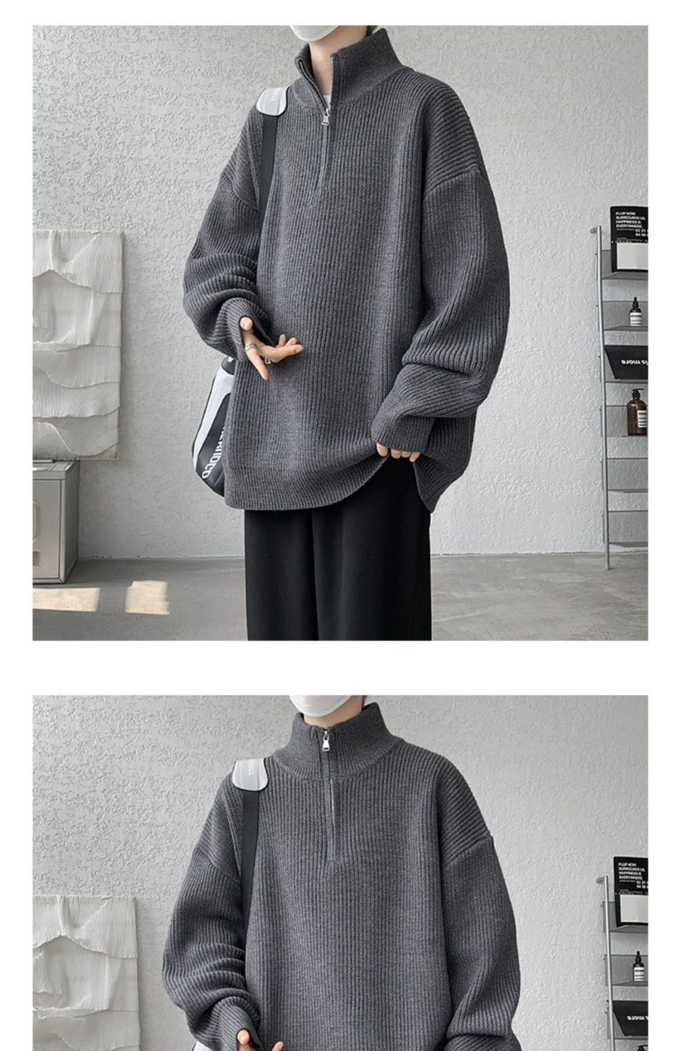 Sweater Men's Turtleneck Versatile Trendy Brand Couple Autumn And Winter Loose Lazy Knitted Sweater Zipper Thread Jacket Casual_voghion.com