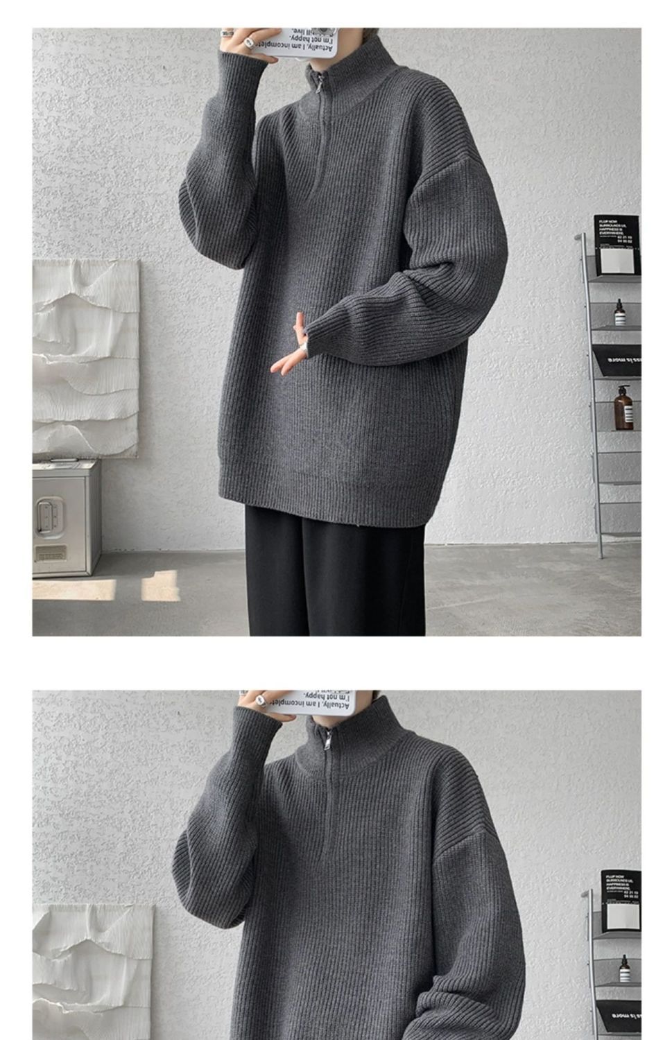 Sweater Men's Turtleneck Versatile Trendy Brand Couple Autumn And Winter Loose Lazy Knitted Sweater Zipper Thread Jacket Casual_voghion.com