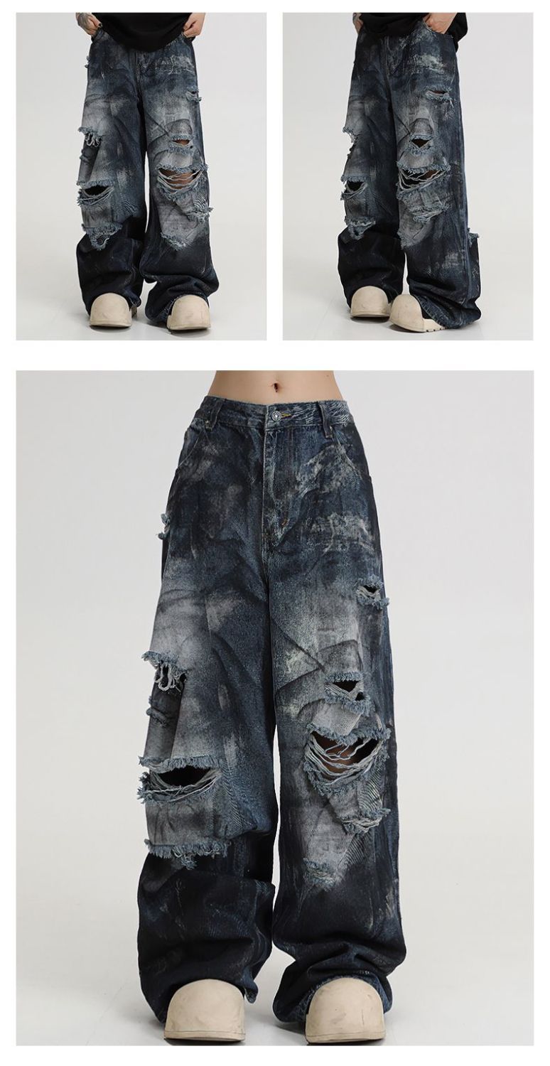 Pants Men's Ins Trendy Tie-dye Ripped Jeans Men's Loose Straight Wide-leg High Street American Beggar Design Trousers_mkmklike.com