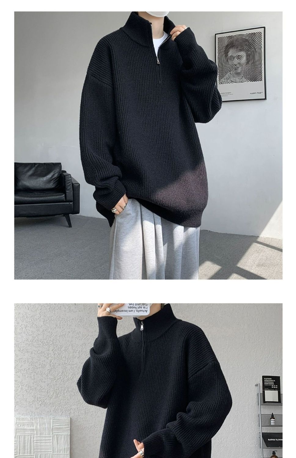 Sweater Men's Turtleneck Versatile Trendy Brand Couple Autumn And Winter Loose Lazy Knitted Sweater Zipper Thread Jacket Casual_voghion.com