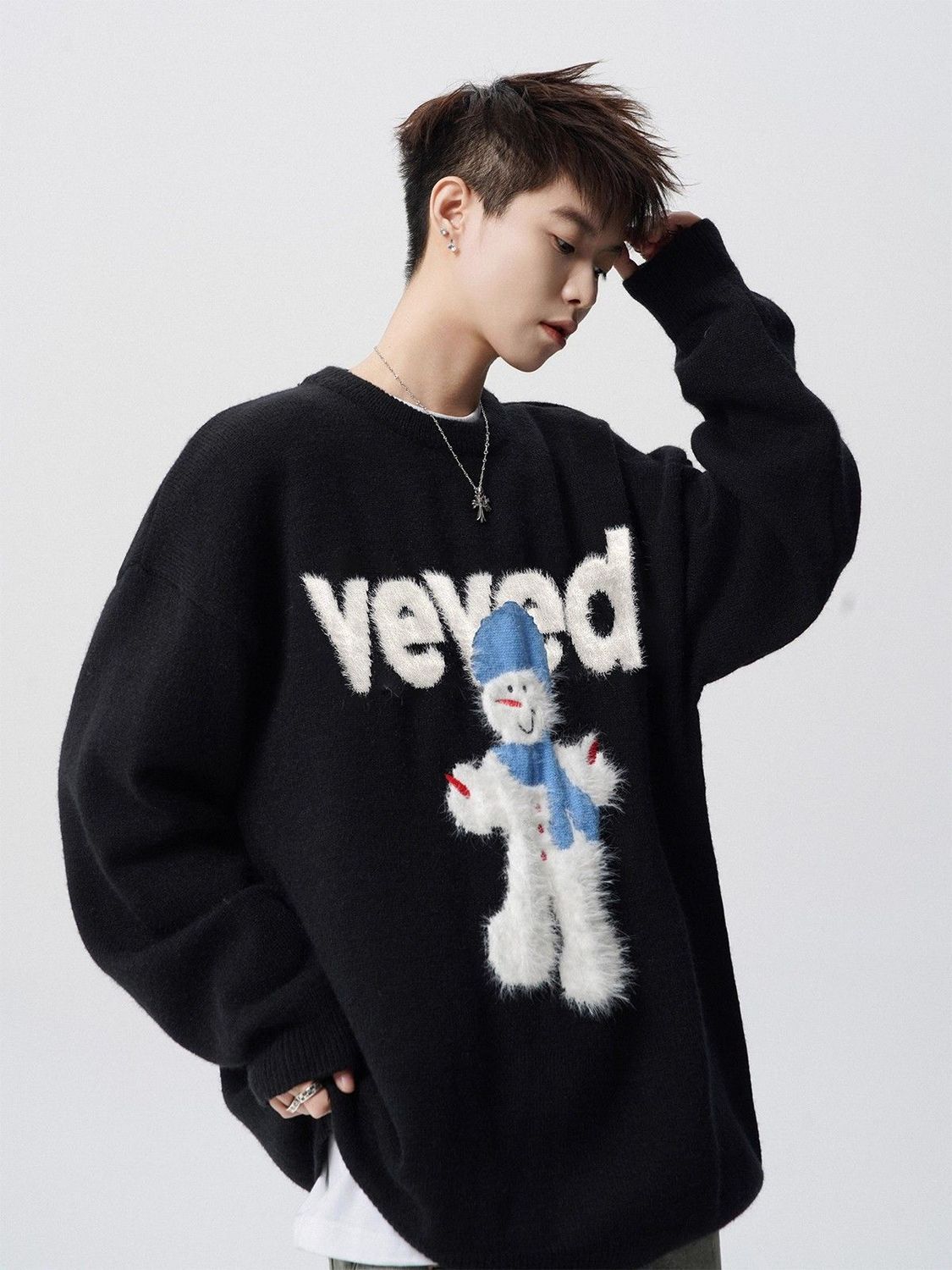 Herren Weihnachts Pullover Schneemann Rundhals Strickpullover_voghion.com