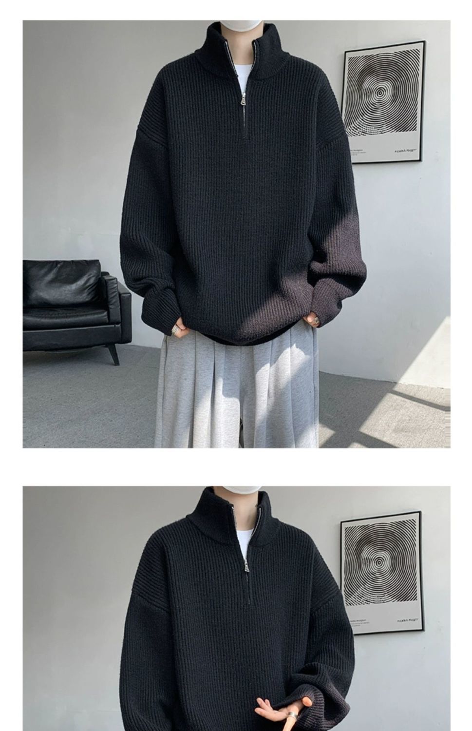 Sweater Men's Turtleneck Versatile Trendy Brand Couple Autumn And Winter Loose Lazy Knitted Sweater Zipper Thread Jacket Casual_voghion.com