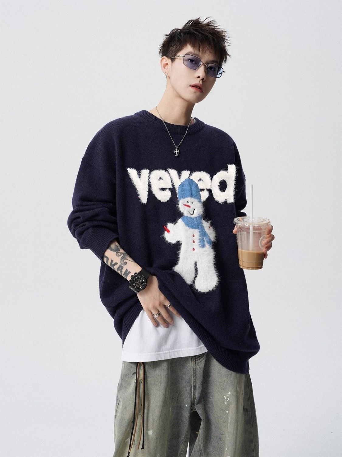 Herren Weihnachts Pullover Schneemann Rundhals Strickpullover_voghion.com