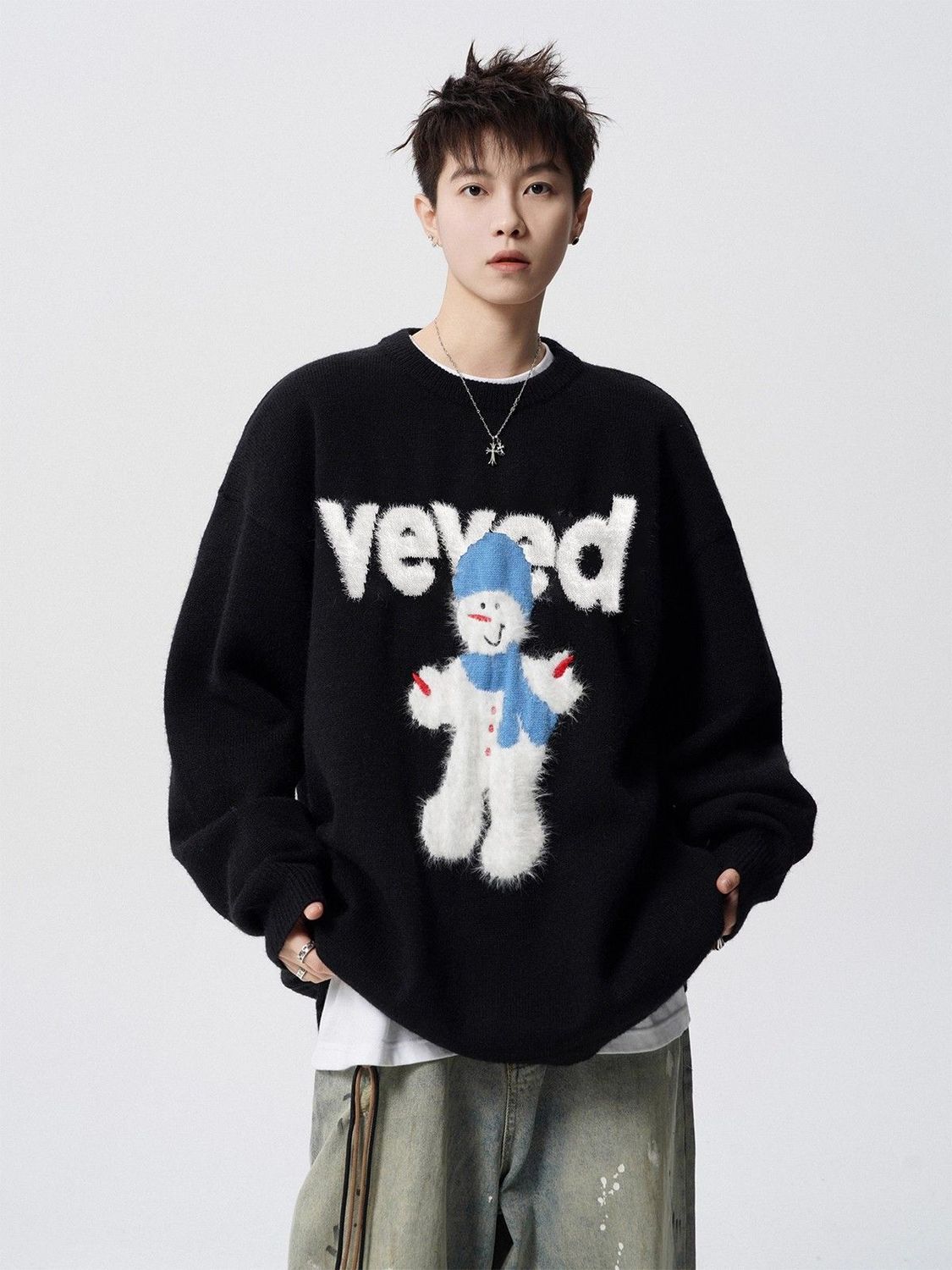 Herren Weihnachts Pullover Schneemann Rundhals Strickpullover_voghion.com