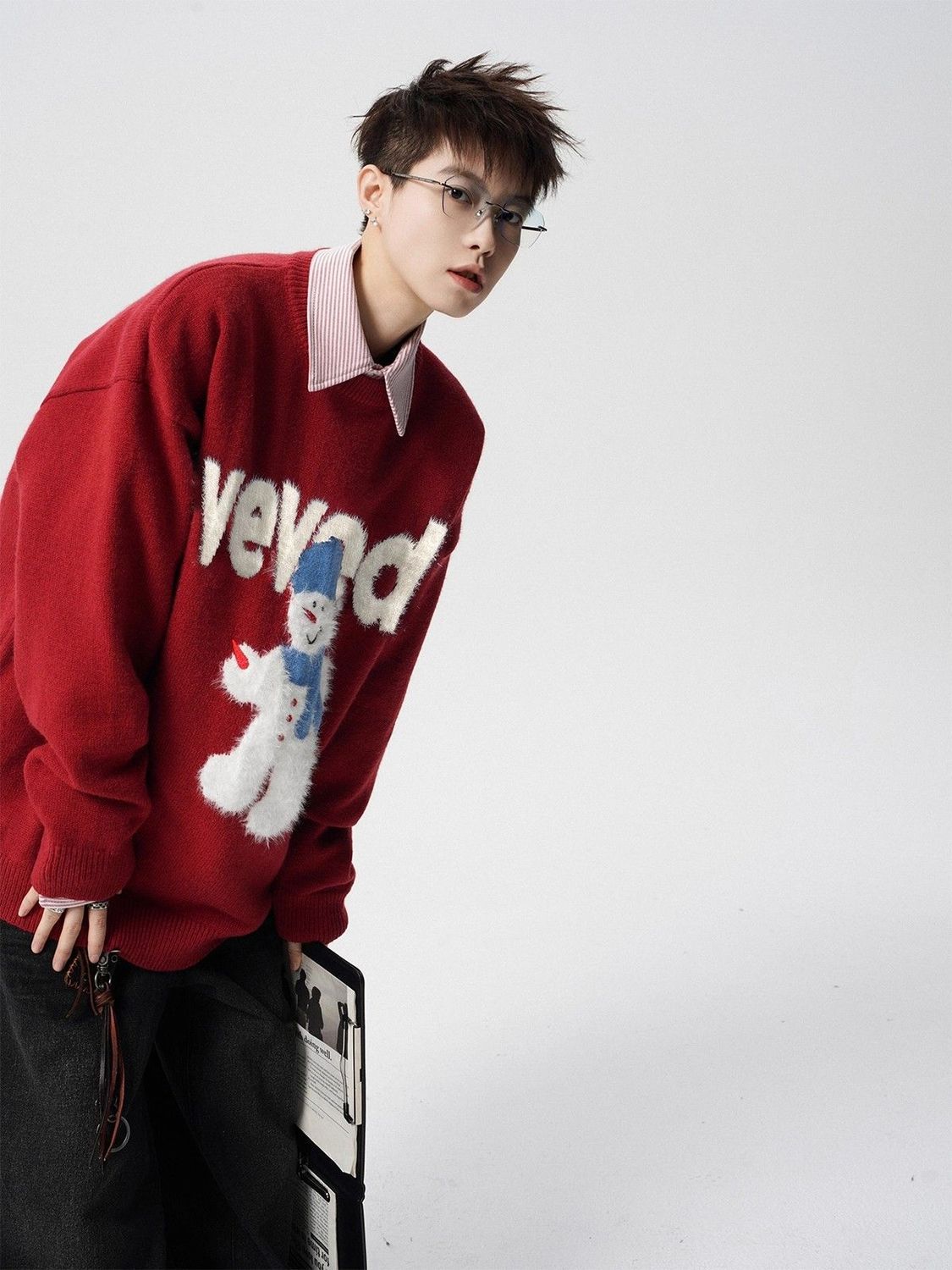 Herren Weihnachts Pullover Schneemann Rundhals Strickpullover_voghion.com