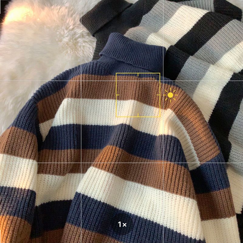 High-necked Contrasting Striped Sweater Men's Ins Trendy Retro Japanese Loose Autumn And Winter Knitted Sweater Teen Hong Kong Style Jacket_voghion.com