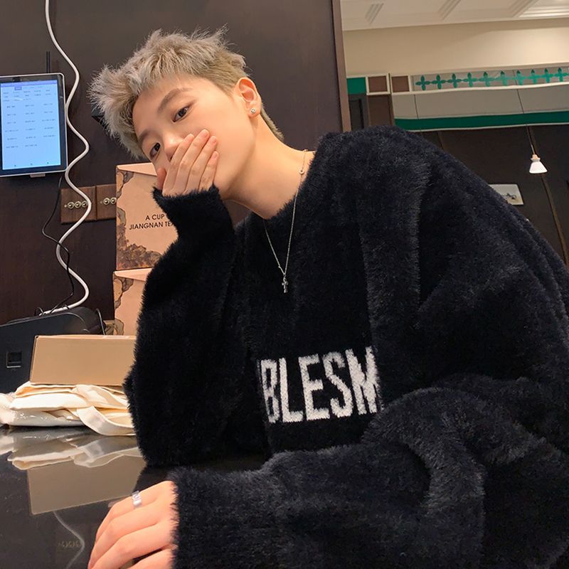 Pull en mohair américain épais tricoté, style Hong Kong, marque tendance, pull ample et polyvalent pour couple, chaud et confortable._voghion.com