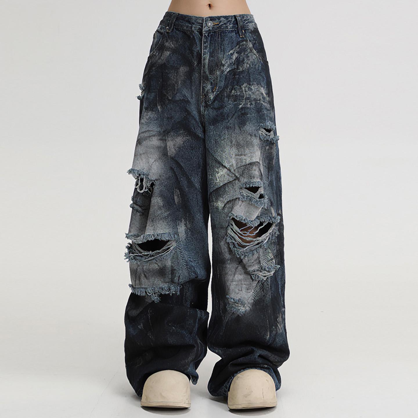 Pants Men's Ins Trendy Tie-dye Ripped Jeans Men's Loose Straight Wide-leg High Street American Beggar Design Trousers_mkmklike.com