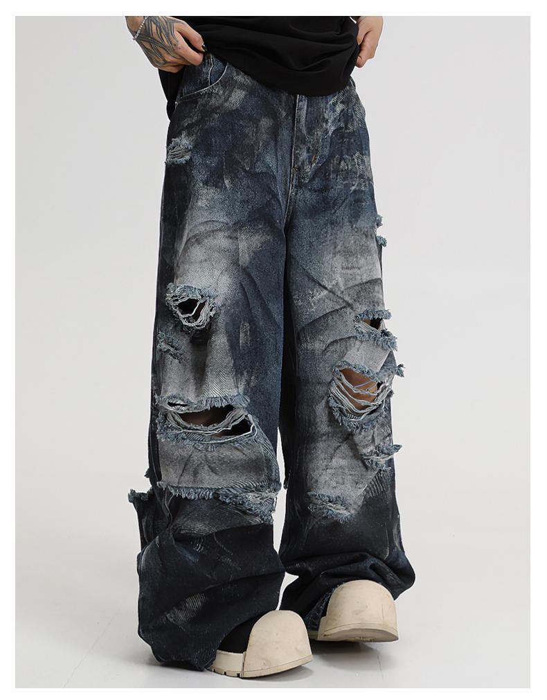 Pants Men's Ins Trendy Tie-dye Ripped Jeans Men's Loose Straight Wide-leg High Street American Beggar Design Trousers_mkmklike.com