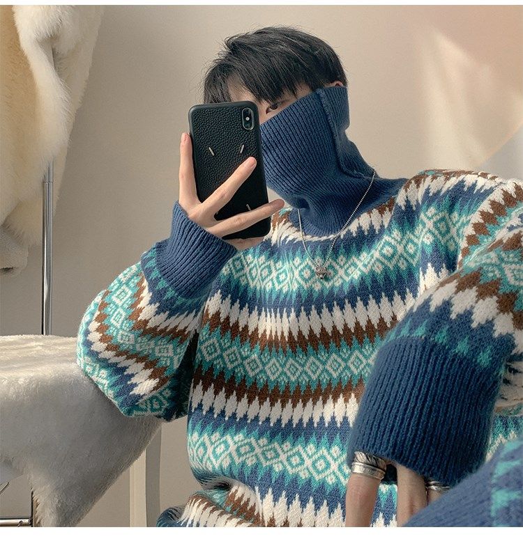 Vibe Guochao High Street Sweater Men's Chic Hong Kong Style Retro Jacquard Striped Turtleneck Knitted Sweater Autumn And Winter Loose Coat_voghion.com