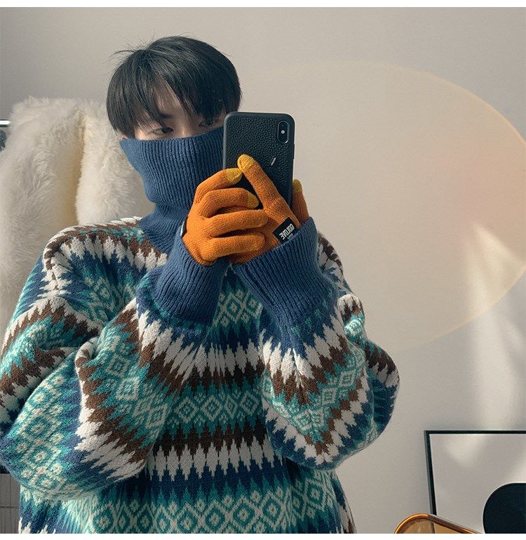 Vibe Guochao High Street Sweater Men's Chic Hong Kong Style Retro Jacquard Striped Turtleneck Knitted Sweater Autumn And Winter Loose Coat_voghion.com