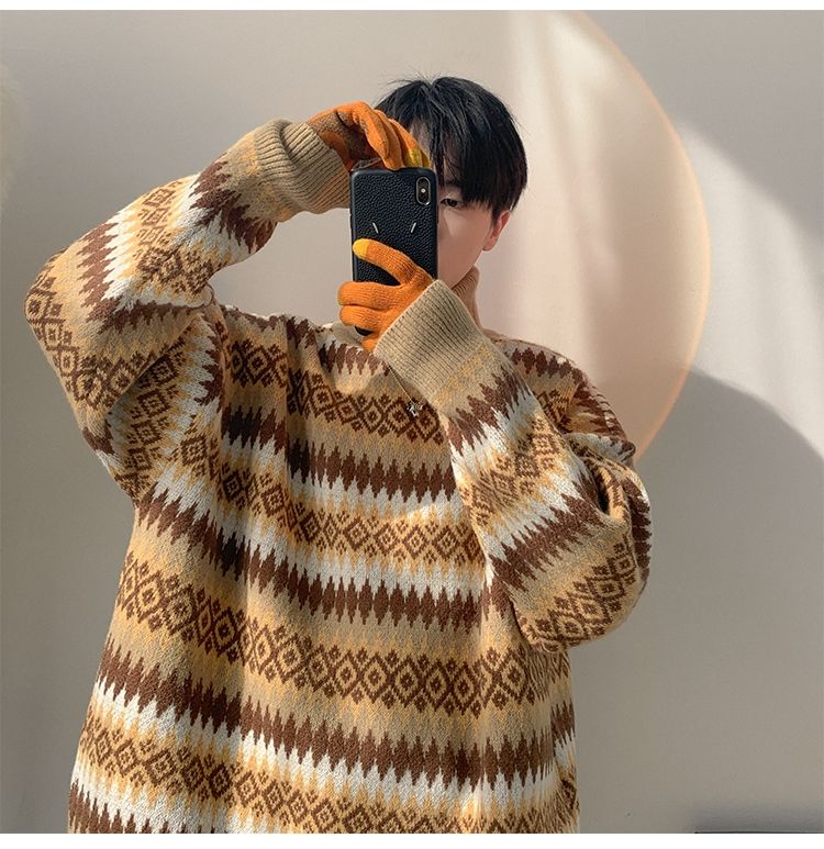 Vibe Guochao High Street Sweater Men's Chic Hong Kong Style Retro Jacquard Striped Turtleneck Knitted Sweater Autumn And Winter Loose Coat_voghion.com