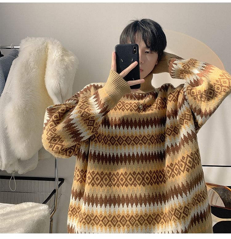 Vibe Guochao High Street Sweater Men's Chic Hong Kong Style Retro Jacquard Striped Turtleneck Knitted Sweater Autumn And Winter Loose Coat_voghion.com