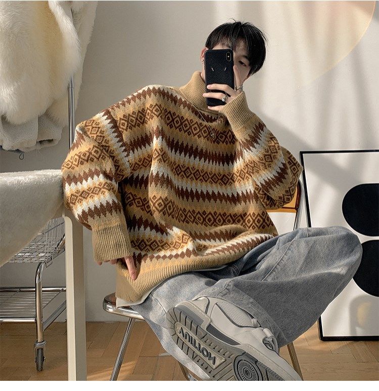 Vibe Guochao High Street Sweater Men's Chic Hong Kong Style Retro Jacquard Striped Turtleneck Knitted Sweater Autumn And Winter Loose Coat_voghion.com