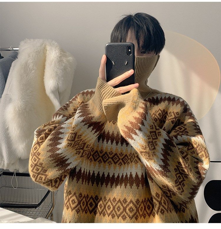 Vibe Guochao High Street Sweater Men's Chic Hong Kong Style Retro Jacquard Striped Turtleneck Knitted Sweater Autumn And Winter Loose Coat_voghion.com