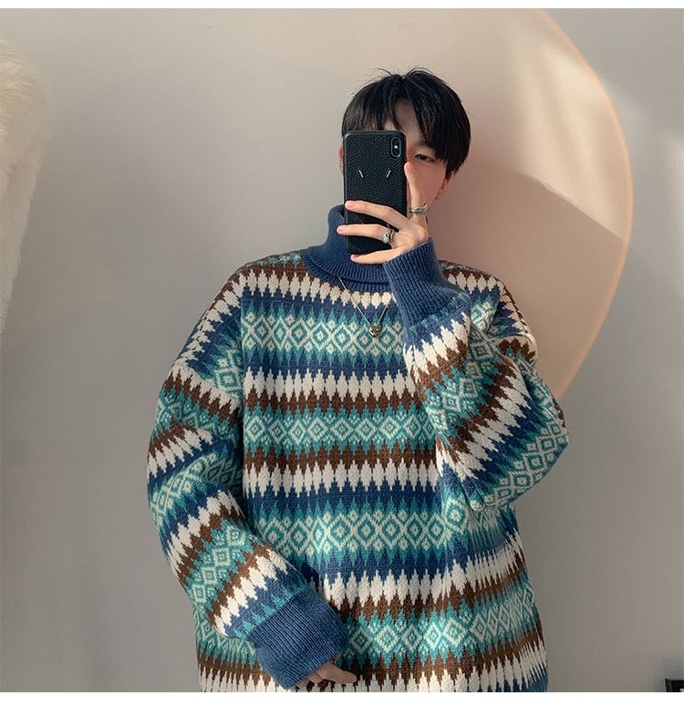 Vibe Guochao High Street Sweater Men's Chic Hong Kong Style Retro Jacquard Striped Turtleneck Knitted Sweater Autumn And Winter Loose Coat_voghion.com
