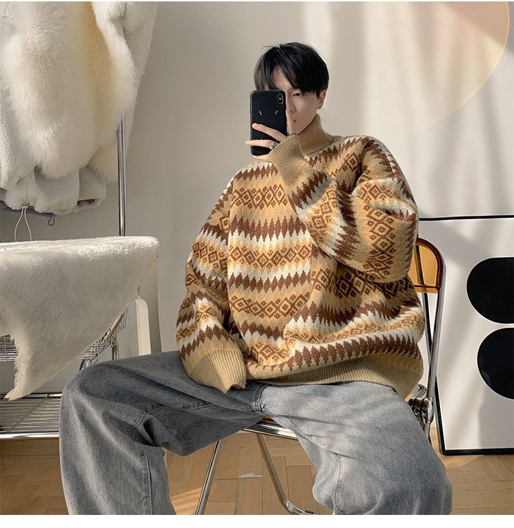 Vibe Guochao High Street Sweater Men's Chic Hong Kong Style Retro Jacquard Striped Turtleneck Knitted Sweater Autumn And Winter Loose Coat_voghion.com