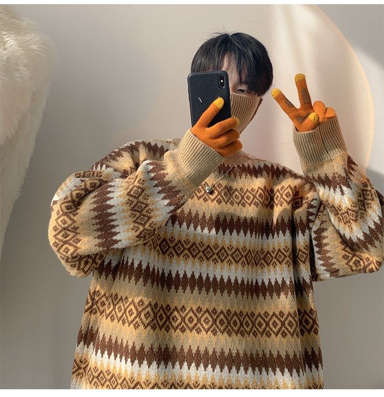 Vibe Guochao High Street Sweater Men's Chic Hong Kong Style Retro Jacquard Striped Turtleneck Knitted Sweater Autumn And Winter Loose Coat_voghion.com