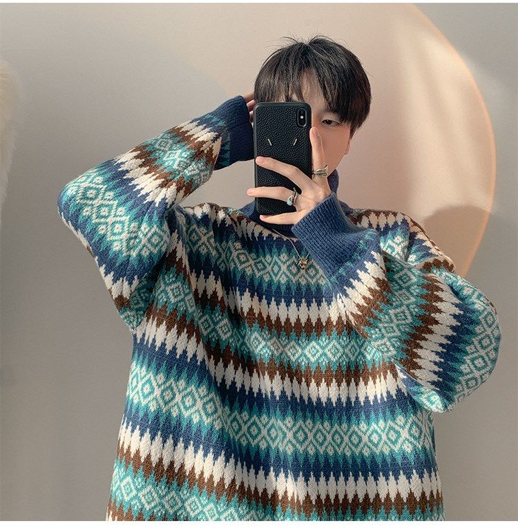 Vibe Guochao High Street Sweater Men's Chic Hong Kong Style Retro Jacquard Striped Turtleneck Knitted Sweater Autumn And Winter Loose Coat_voghion.com