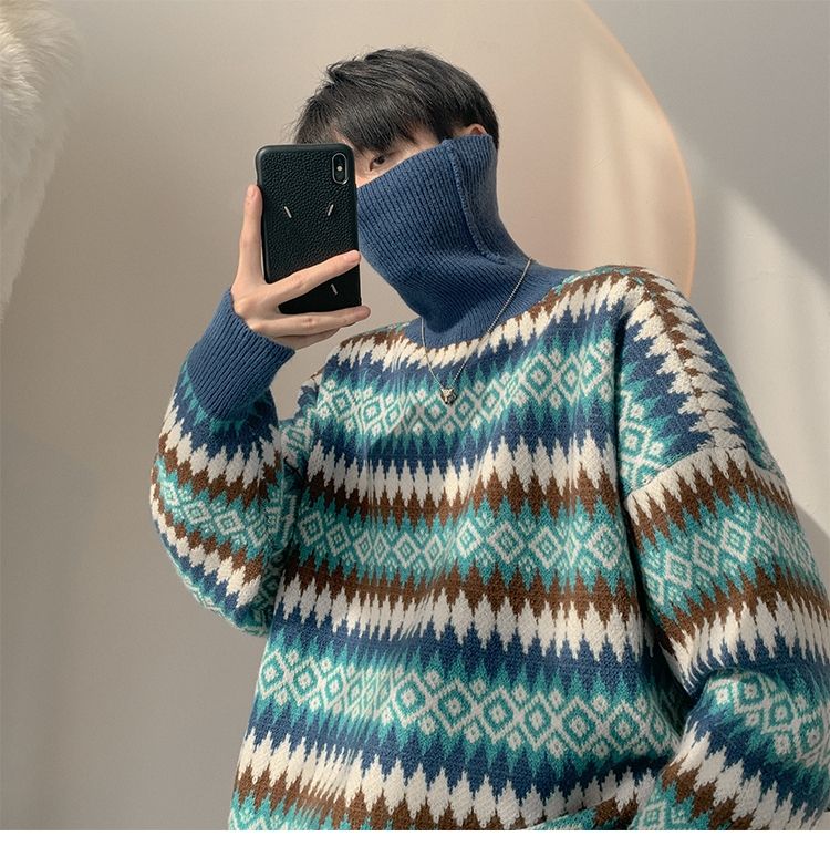 Vibe Guochao High Street Sweater Men's Chic Hong Kong Style Retro Jacquard Striped Turtleneck Knitted Sweater Autumn And Winter Loose Coat_voghion.com