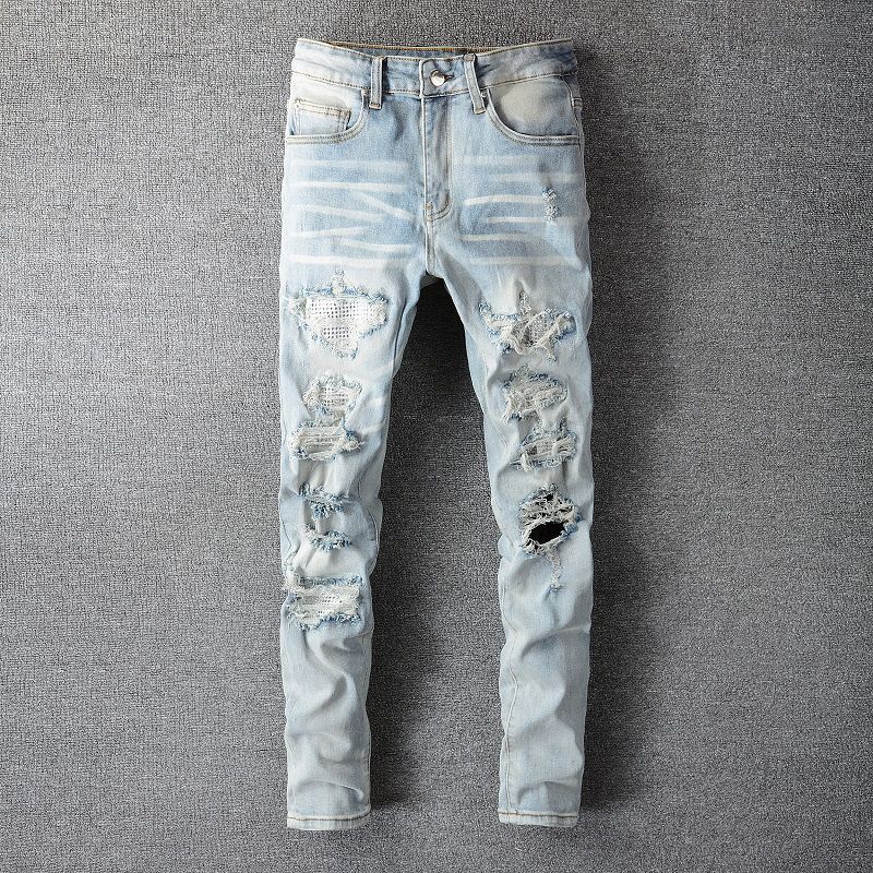 Tide Brand Hot Drilling Hole Patch Design Sense High Street Washed Slim Fit Small Feet Jeans Men's Jeans_voghion.com