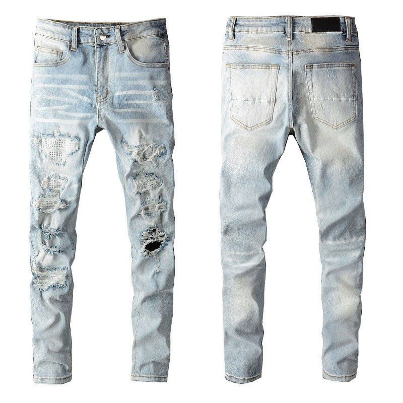 Tide Brand Hot Drilling Hole Patch Design Sense High Street Washed Slim Fit Small Feet Jeans Men's Jeans_voghion.com