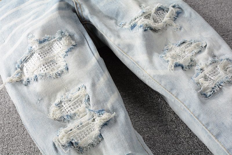 Tide Brand Hot Drilling Hole Patch Design Sense High Street Washed Slim Fit Small Feet Jeans Men's Jeans_voghion.com