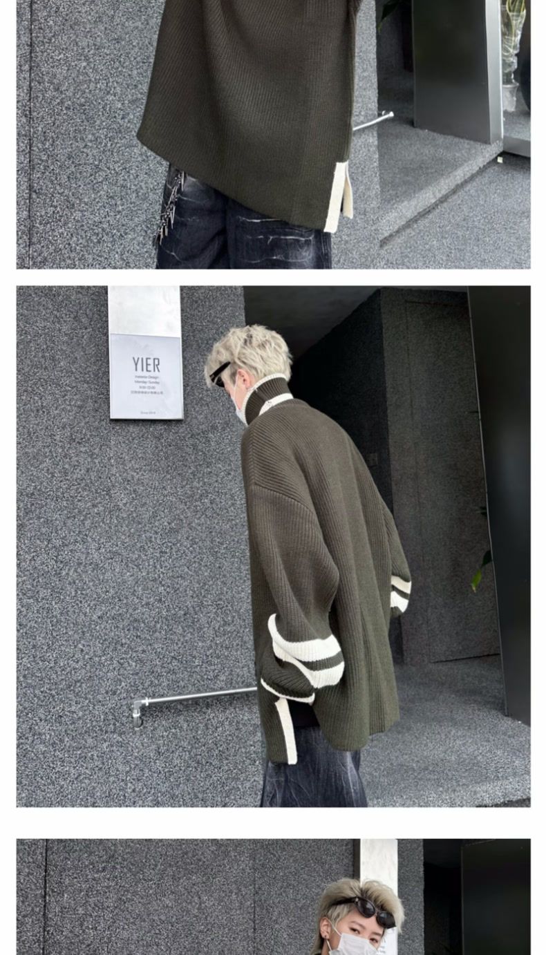 Autumn And Winter Turtleneck Sweater Men's Pullover Slit Japanese Retro Loose Color Matching American Sports Student Trendy Knitted Sweater_voghion.com