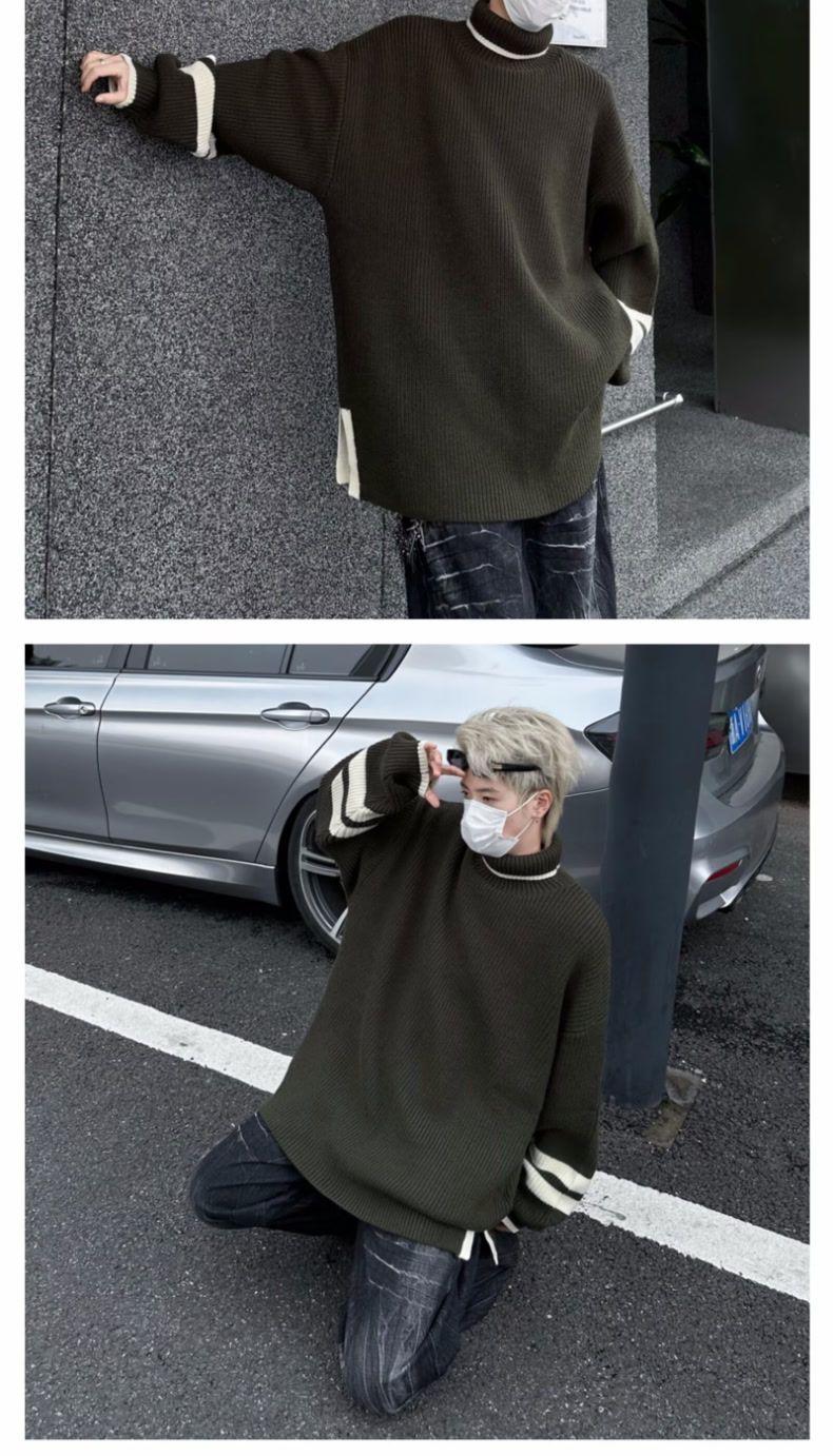Autumn And Winter Turtleneck Sweater Men's Pullover Slit Japanese Retro Loose Color Matching American Sports Student Trendy Knitted Sweater_voghion.com