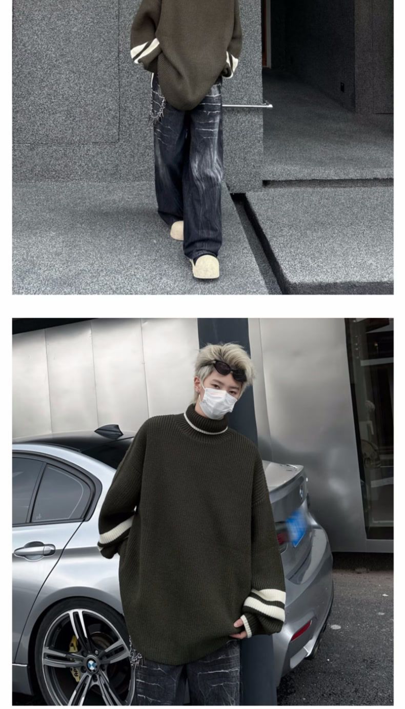Autumn And Winter Turtleneck Sweater Men's Pullover Slit Japanese Retro Loose Color Matching American Sports Student Trendy Knitted Sweater_voghion.com