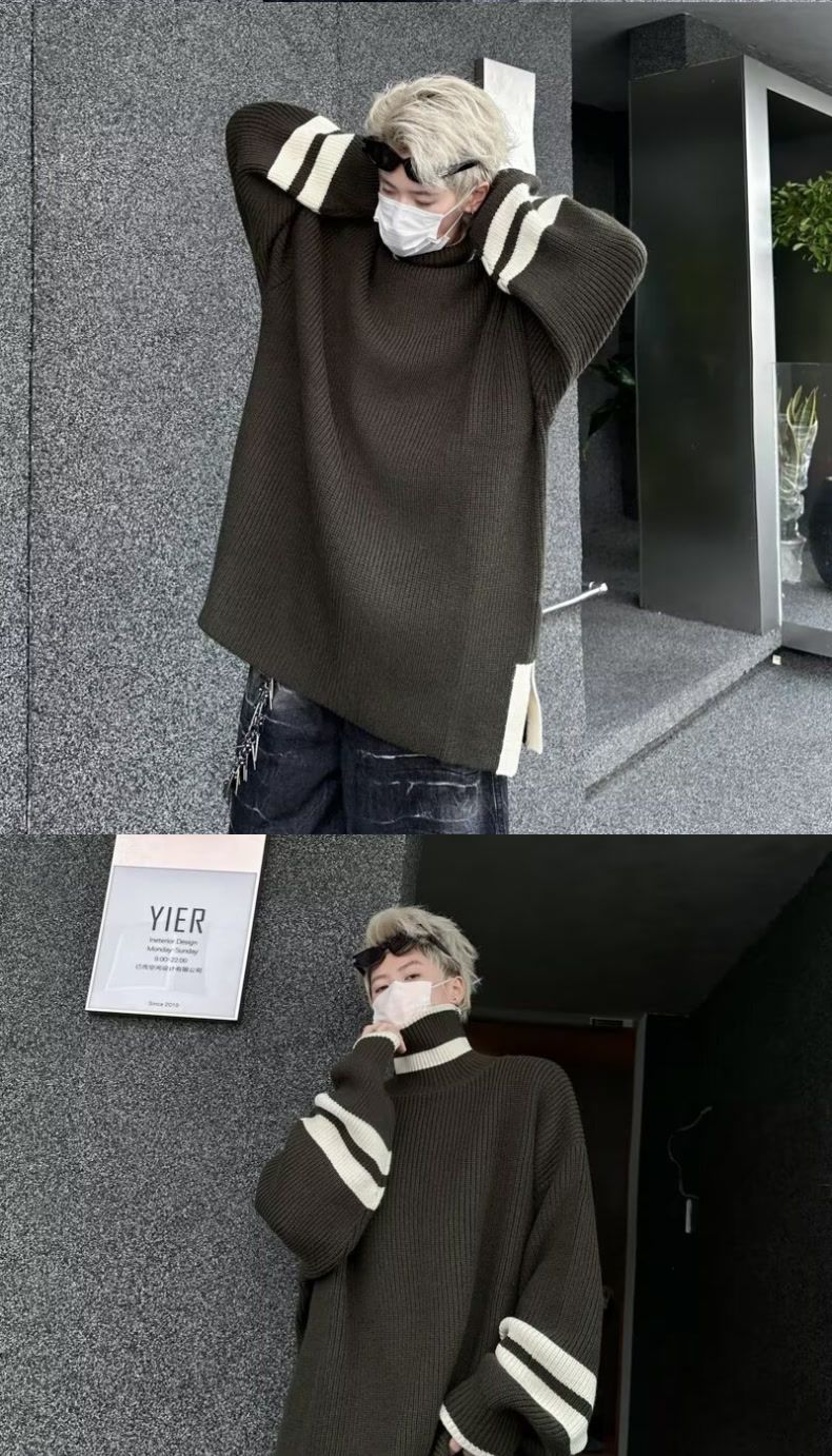 Autumn And Winter Turtleneck Sweater Men's Pullover Slit Japanese Retro Loose Color Matching American Sports Student Trendy Knitted Sweater_voghion.com
