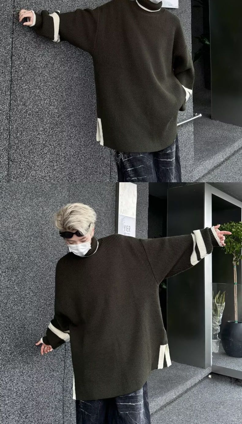 Autumn And Winter Turtleneck Sweater Men's Pullover Slit Japanese Retro Loose Color Matching American Sports Student Trendy Knitted Sweater_voghion.com