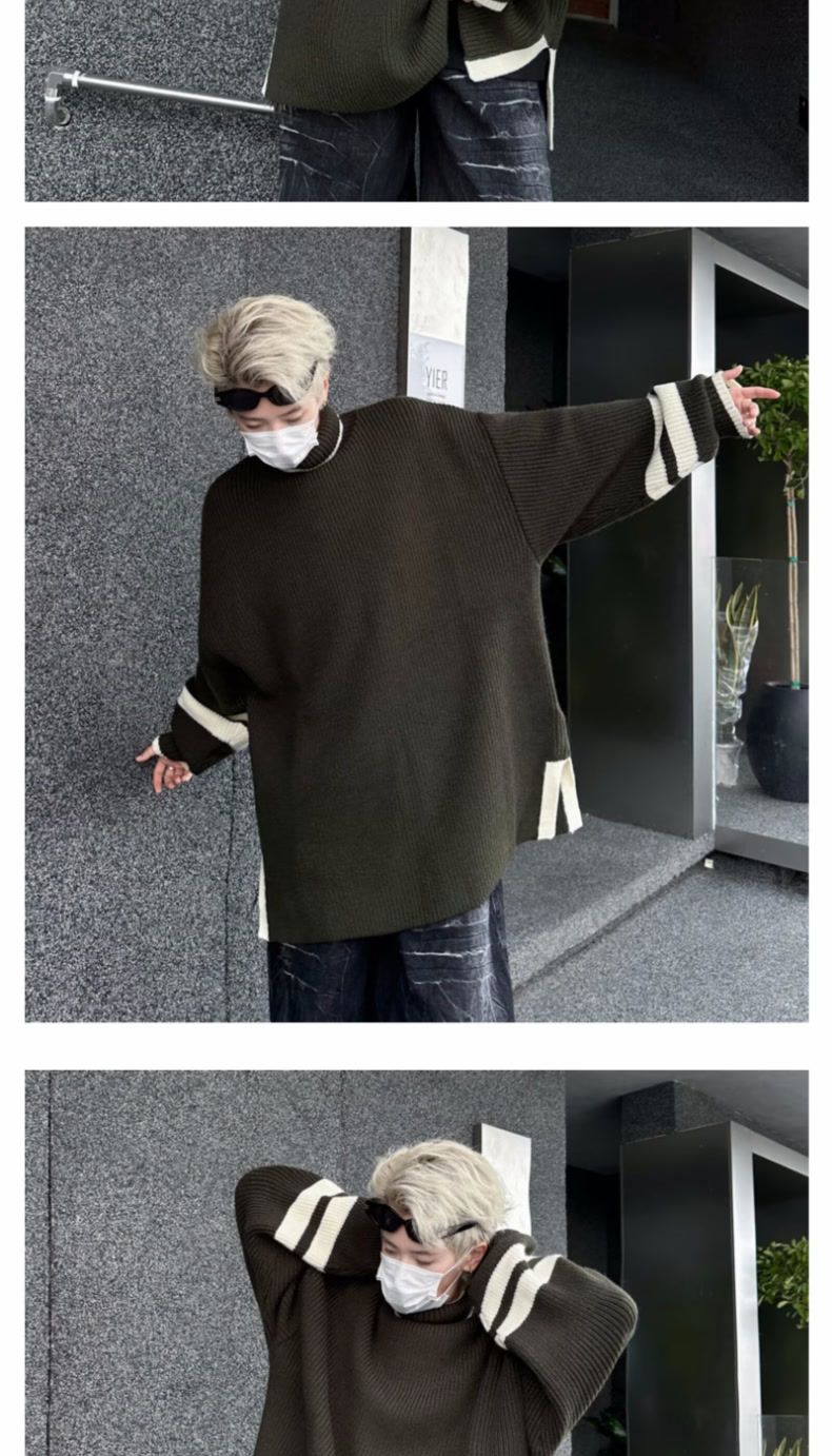 Autumn And Winter Turtleneck Sweater Men's Pullover Slit Japanese Retro Loose Color Matching American Sports Student Trendy Knitted Sweater_voghion.com