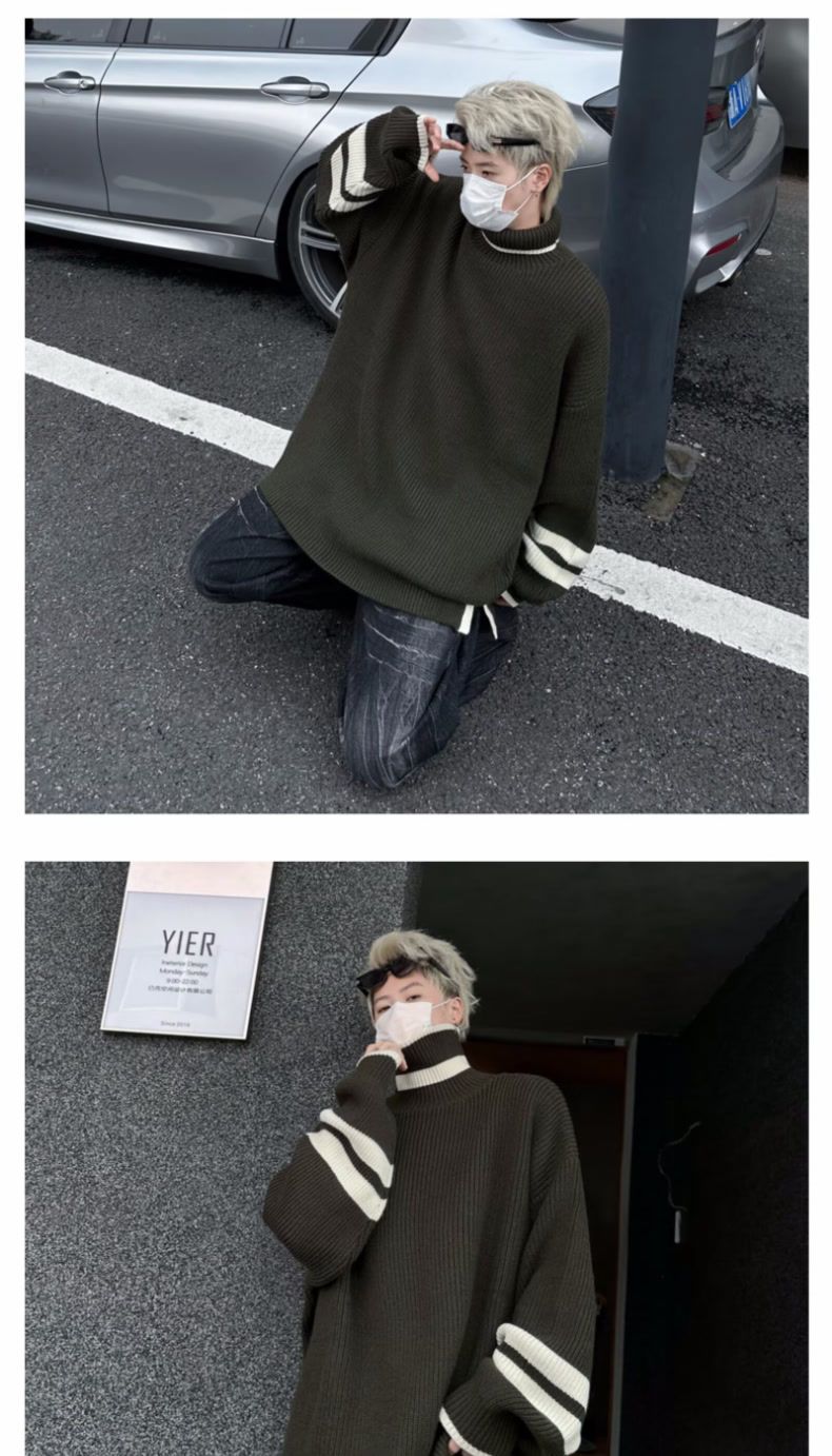 Autumn And Winter Turtleneck Sweater Men's Pullover Slit Japanese Retro Loose Color Matching American Sports Student Trendy Knitted Sweater_voghion.com