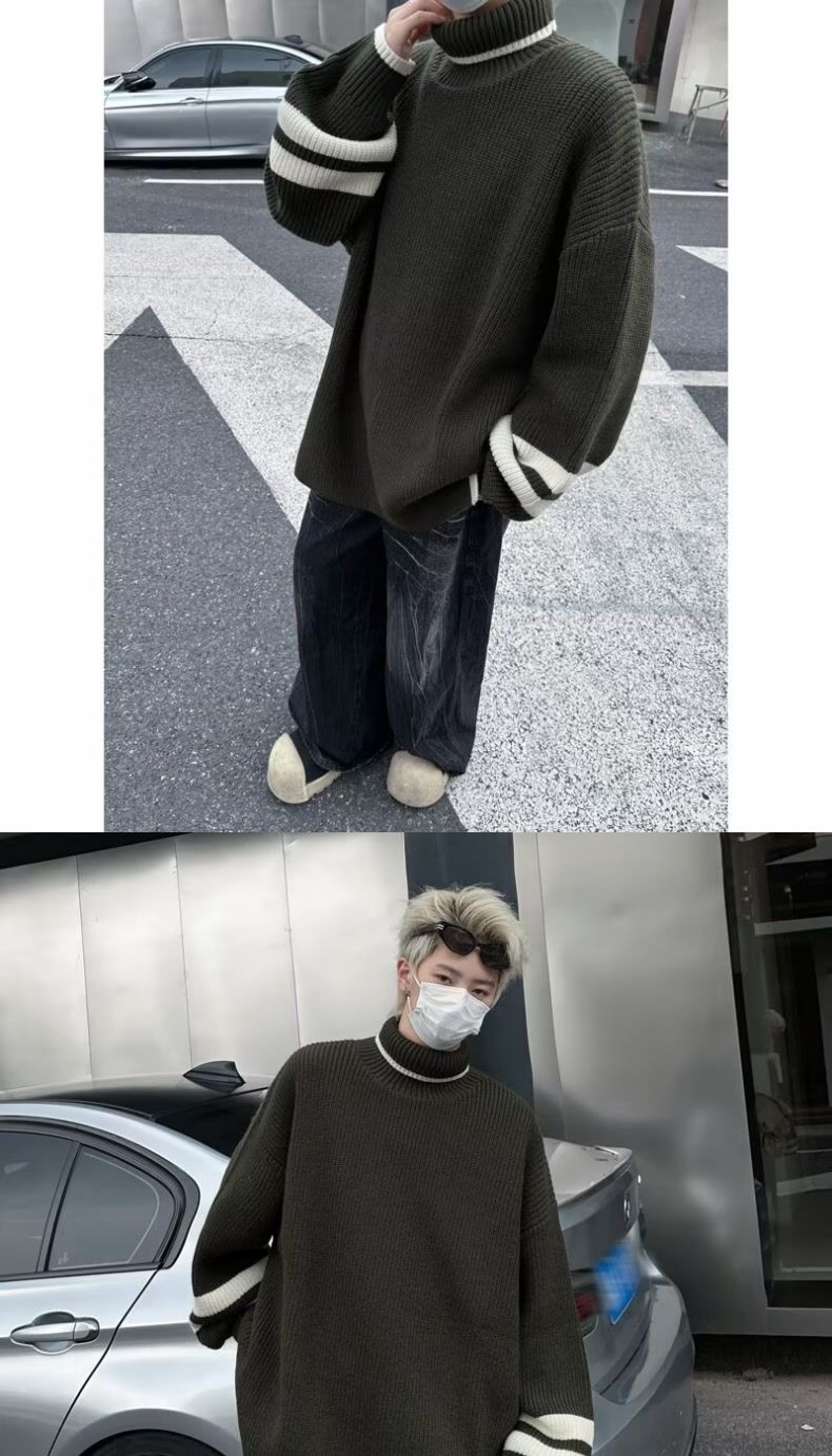 Autumn And Winter Turtleneck Sweater Men's Pullover Slit Japanese Retro Loose Color Matching American Sports Student Trendy Knitted Sweater_voghion.com