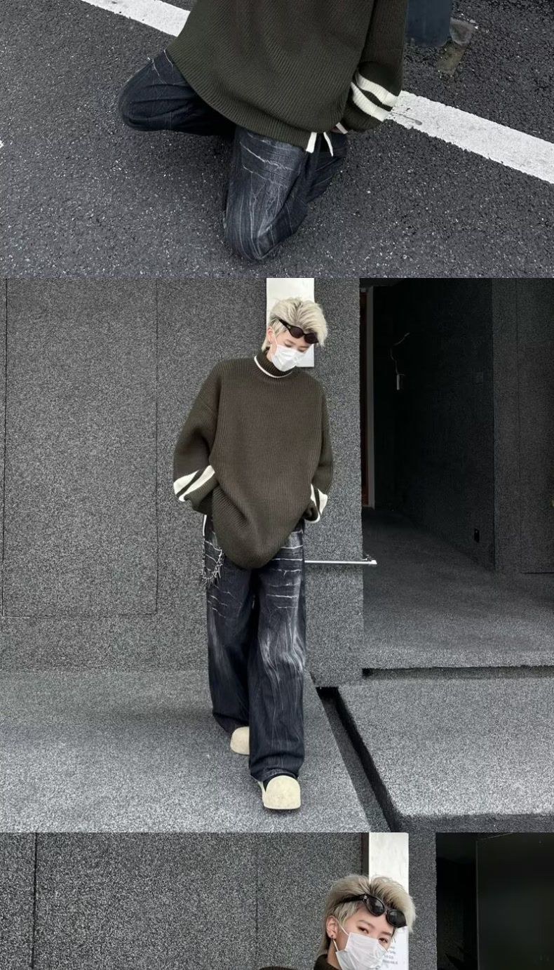 Autumn And Winter Turtleneck Sweater Men's Pullover Slit Japanese Retro Loose Color Matching American Sports Student Trendy Knitted Sweater_voghion.com